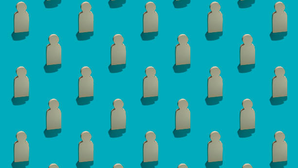 istock Seamless graphic pattern with a White wooden man and a hard shadow on a blue background. 3D rendering. 1463041217