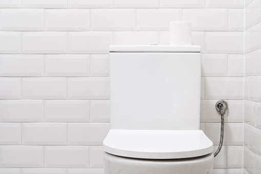 front view on clean wc bowl with closed lid and toilet paper on water tank on white brick tile background, restroom with light interior in modern apartment