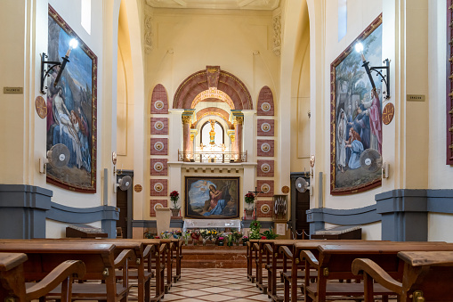 Novelda, Spain - 1 February, 2023: view of the nave and altar inside the church of the Sanctuary of Santa Maria Magdalena in Novelda