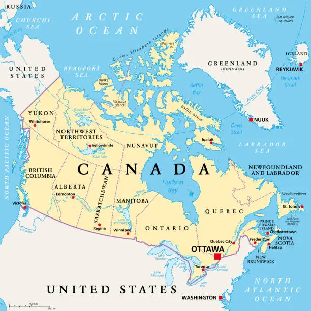 Vector illustration of Canada, administrative divisions, provinces and territories, political map