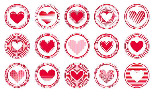 Set of red vector rubber stamps with hearts. Different variations.
