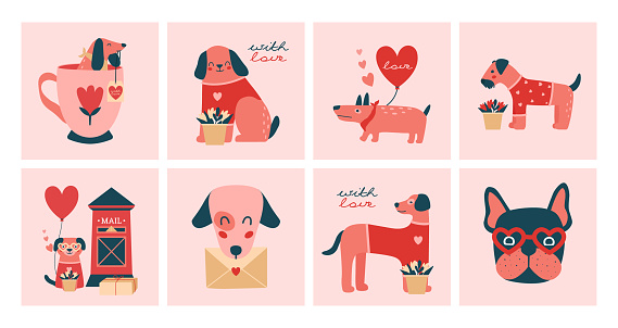 Square Valentine's Day cards with cute illustrations of dogs, puppies, envelopes, mail, hearts, bouquet of flowers, labels, mail box, tea cup. Set of vector elements in flat romantic style.