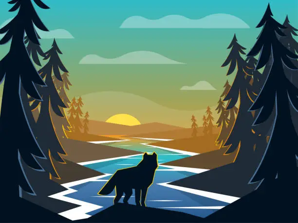 Vector illustration of Wolf on sunrise background