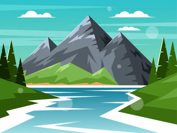 Vector illustration of River on a background of mountains