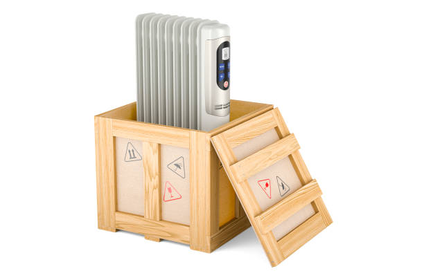 istock Electric oil heater inside wooden box, delivery concept. 3D rendering 1463050973