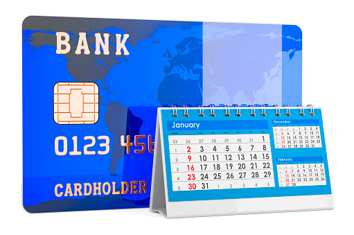 Credit Card with desk calendar, 3D rendering isolated on white background