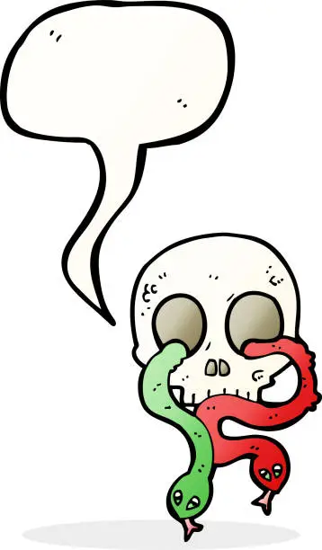 Vector illustration of cartoon skull with snakes with speech bubble