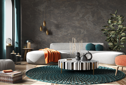 Modern art deco interior design of apartment, living room with gray sofa over the dark wall. Accent coffee table. Home interior with rug. 3d rendering