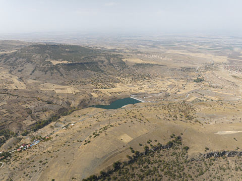 Aerial view of Artificial lake in Nevsehir, Türkiye. Taken vide drone.