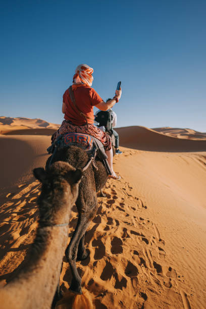 turistas chinos asiáticos en dromedario en tren camello cruzando el desierto del sahara marruecos dirigido por un pastor guía turístico durante el atardecer - sand footprint track following fotografías e imágenes de stock