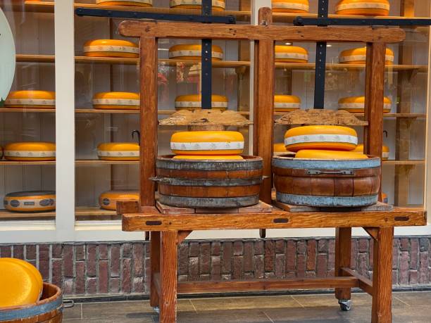 Stack of large orange cheese wheels against blue sky, lifestyle