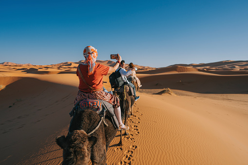 istock asian Chinese tourists riding dromedary camel train crossing Sahara Desert Morocco led by tour guide herdsman during sunset 1463055763