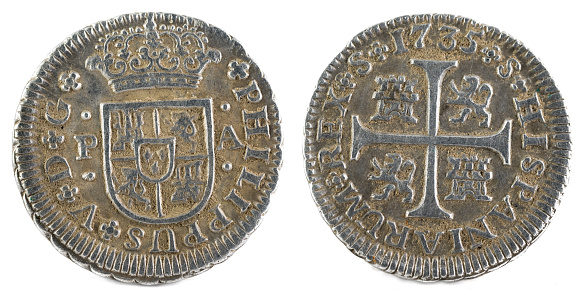 Ancient Spanish silver coin of the King Felipe V. 1735. Coined in Sevilla. Medio real.