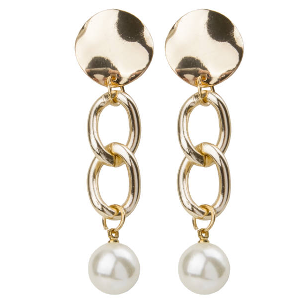 istock Golden earrings with pearls on a white background 1463057215