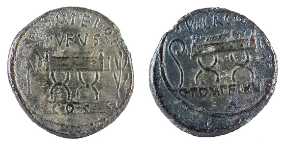 Roman Republic Coin. Ancient Roman silver denarius of the family Pompeia.