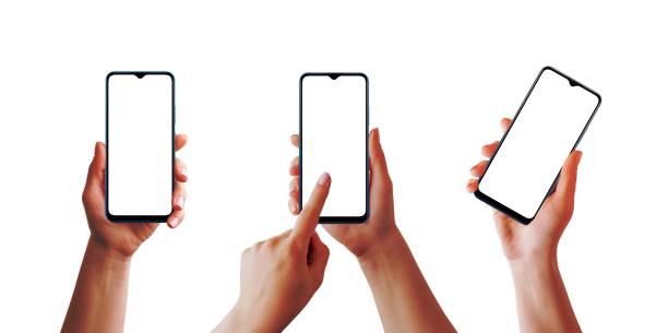 istock Phone mockup in different woman hands isolated in white. Smooth and soft retouched hands. Blank screen for app presentation 1463058149