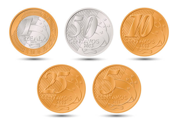 ilustraciones, imágenes clip art, dibujos animados e iconos de stock de juego de monedas brasileñas. monedas reales y centavos. reverso sobre fondo blanco. - twenty first