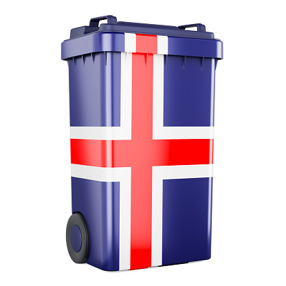 Waste container with Icelandic flag, 3D rendering isolated on white background