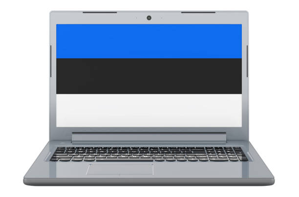 Estonian flag on laptop screen. 3D illustration isolated on white background