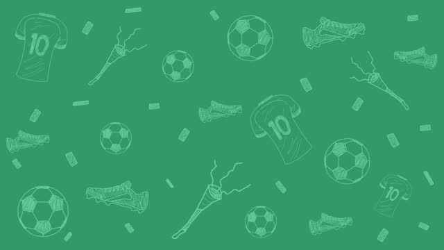 Animation with soccer balls, football boots, number 10 jerseys, bugles and confetti in light green pencil stroke on green background, cartoon, art.