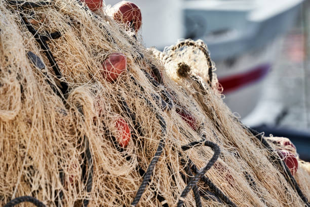 клубки рыболовных сетей в хаотичной куче на краю рыбацкого порта в тунисе - at the edge of audio стоковые фото и изображения