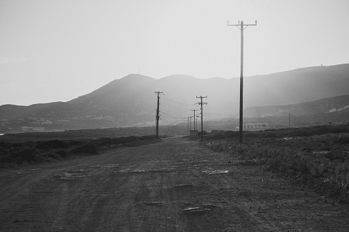 Dusty road around Amoopi bay on Karpathos, black & white technique