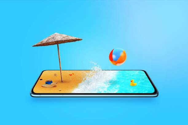 istock Beach on mobile phone screen concept. Summer travel vacation composition with sea waves, parasol, hat. Phone laid horizontally 1463064451