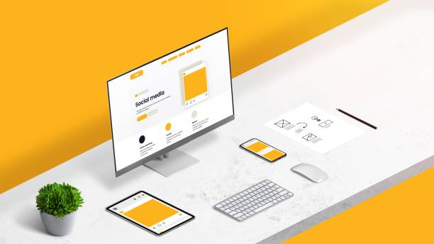 istock Social media marketing concept. Office desk with computer display, tablet and smart phone with social media widnow layout 1463066009