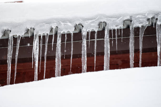 istock Dangerous sharp icicles and snow hanging from the roof. 1463067081