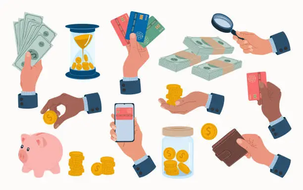 Vector illustration of Set of human hands holding money. Arms with cash, credit cards, banknotes, wallet, putting coins into piggy bank