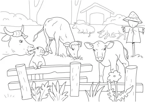 Vector illustration of Cows Eating Grass On Farm Animal Coloring Page. Farm Animal coloring page for kids.