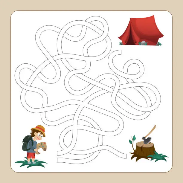 Vector illustration of Find a way to the tent. Educational worksheet. Logic game for children. Labyrinth. Choose the right path.