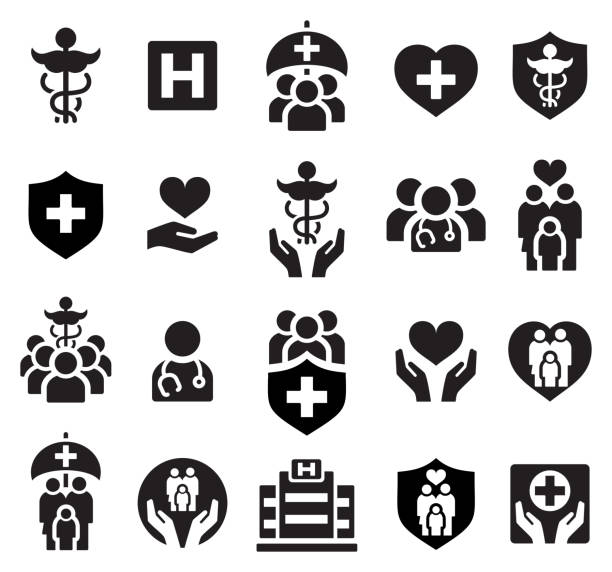 medizinische symbole gesetzt. gesundheitswesen und medizin. krankenversicherung. - versicherung stock-grafiken, -clipart, -cartoons und -symbole