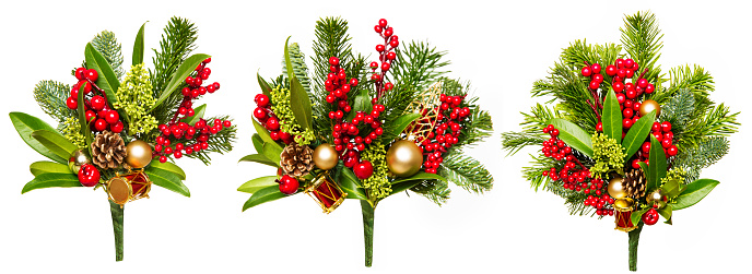 Christmas Green Floral Decorations. Pine Tree Branches Bouquet with Red Berries and Golden Balls over White. Set of Xmas Handmade Design Elements isolated