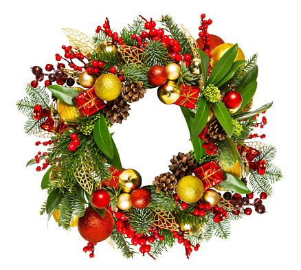 Christmas Wreath with Green Pine Tree Branches and Leaves Decorated with Red Balls, Golden Ornaments, Xmas Gifts, Cranberries over isolated White Background