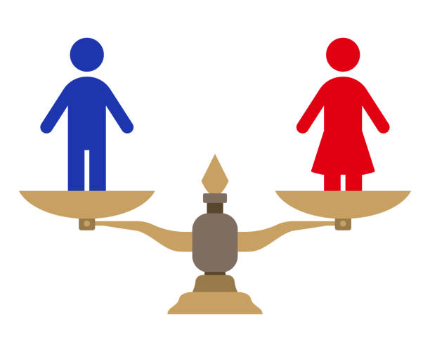 Man and woman on balance scale. Man and woman on balance scale. role reversal stock illustrations