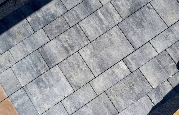 istock Gray paving stones. Paving surface road. Texture made of big gray cement bricks. Brick stone street road - pavement texture effect 1463080917