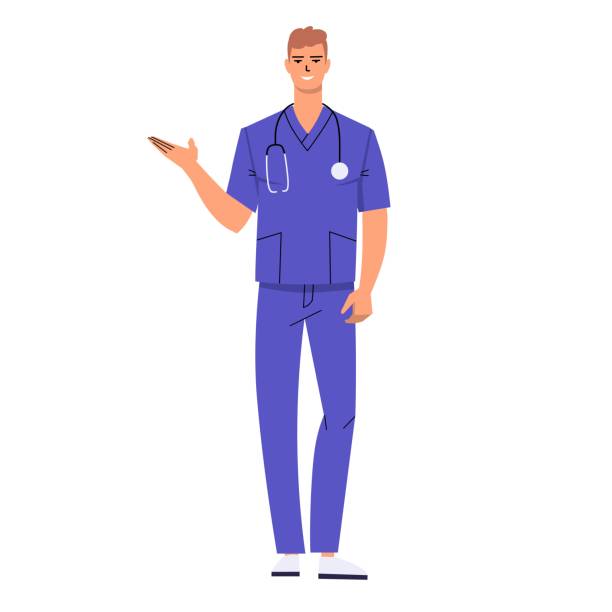 młody lekarz wskazuje na coś ręką. prezentuje, demonstruje, reklamuje. pielęgniarz noszący peelingi. uśmiechnięta postać ze stetoskopem na białym tle. - male nurse nurse scrubs white background stock illustrations
