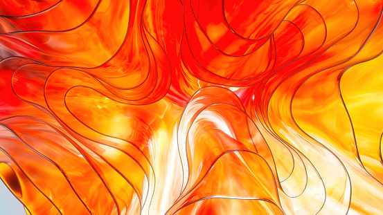 Bright orange background with wavy glass flower. 3D rendered flower with wavy petals from the top view in orange colors for a bright summery design
