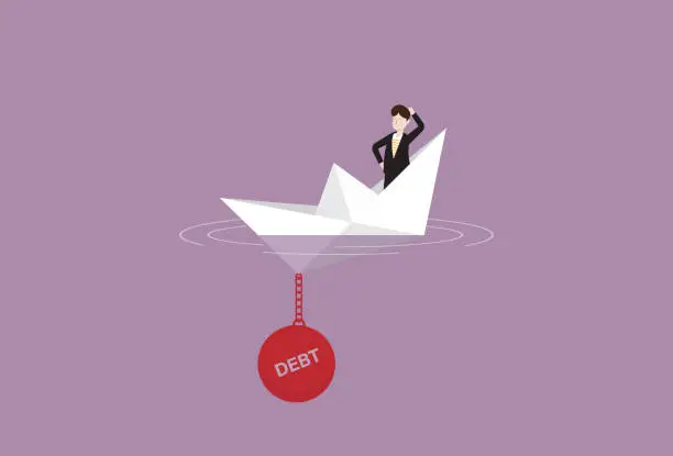 Vector illustration of Debt crisis sinks a paper boat