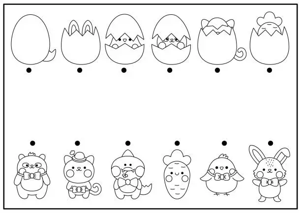 Vector illustration of Easter black and white matching activity for children with kawaii animals hiding in eggs. Fun spring holiday puzzle with cute hatching bunny, chick. Printable worksheet or coloring page for kids