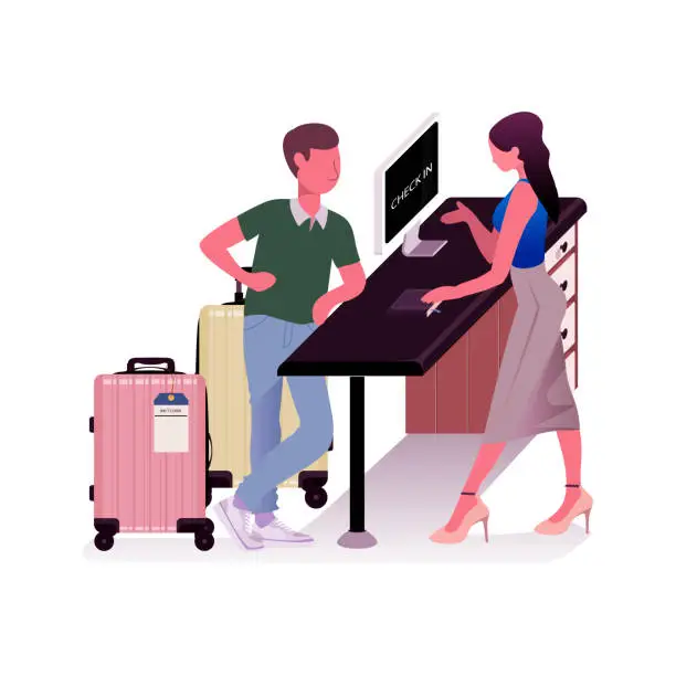 Vector illustration of Businessman with luggage standing at hotel reception and filling in registration forms on computer with assistance of female concierge.Young travelers at hotel check in