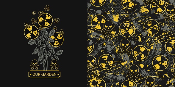 istock Set with meaningful label, pattern with ionizing radiation symbol, skulls and crossbones, text. Concept of war, disaster, destruction, danger of atomic weapon. For apparel, fabric, textile design 1463089043