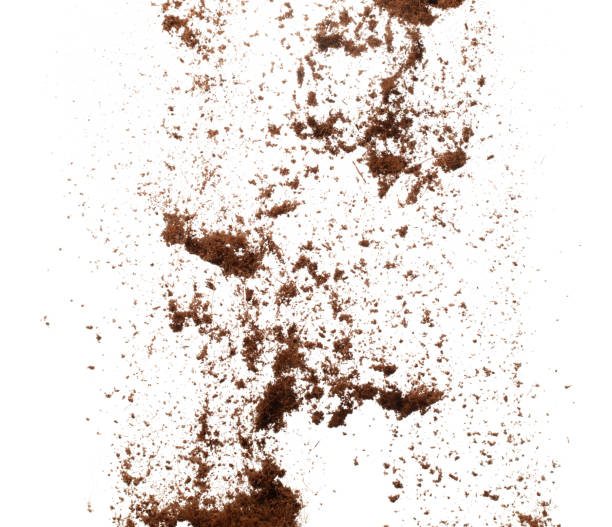 istock Coconut peel husk flying explosion, coconut chopped fine small S size fall down as dust. Coconut powder peel fertilizer splash throwing in Air. White background Isolated high speed shutter, freeze 1463090395