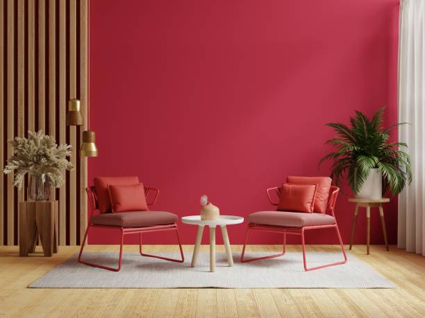 Viva magenta wall background mockup with two armchair furniture and decor accessories. Viva magenta wall background mockup with two armchair furniture and decor accessories.3d rendering wall color stock pictures, royalty-free photos & images