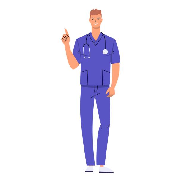 illustrations, cliparts, dessins animés et icônes de le jeune médecin montre l’index vers le haut. avertit, donne des conseils. infirmier portant des gommages. personnage souriant avec stéthoscope isolé sur fond blanc. - male nurse nurse scrubs white background