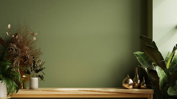 istock Mockup green wall panelling with wooden shelf in kitchen room. 1463091200