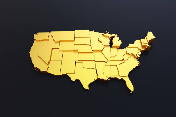 istock 3d Golden USA Map on black background 1463091254