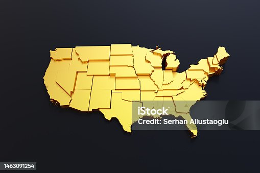 istock 3d Golden USA Map on black background 1463091254