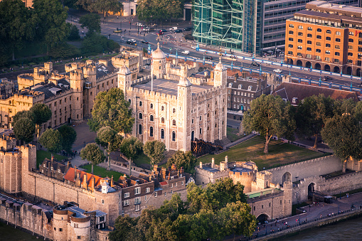 London, UK - July 23, 2019: Tower of London at River Thames view at sunset. London, UK